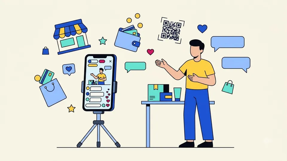 Minh hoạ người bán hàng đang livestream Facebook trên điện thoại, có người xem đang theo dõi